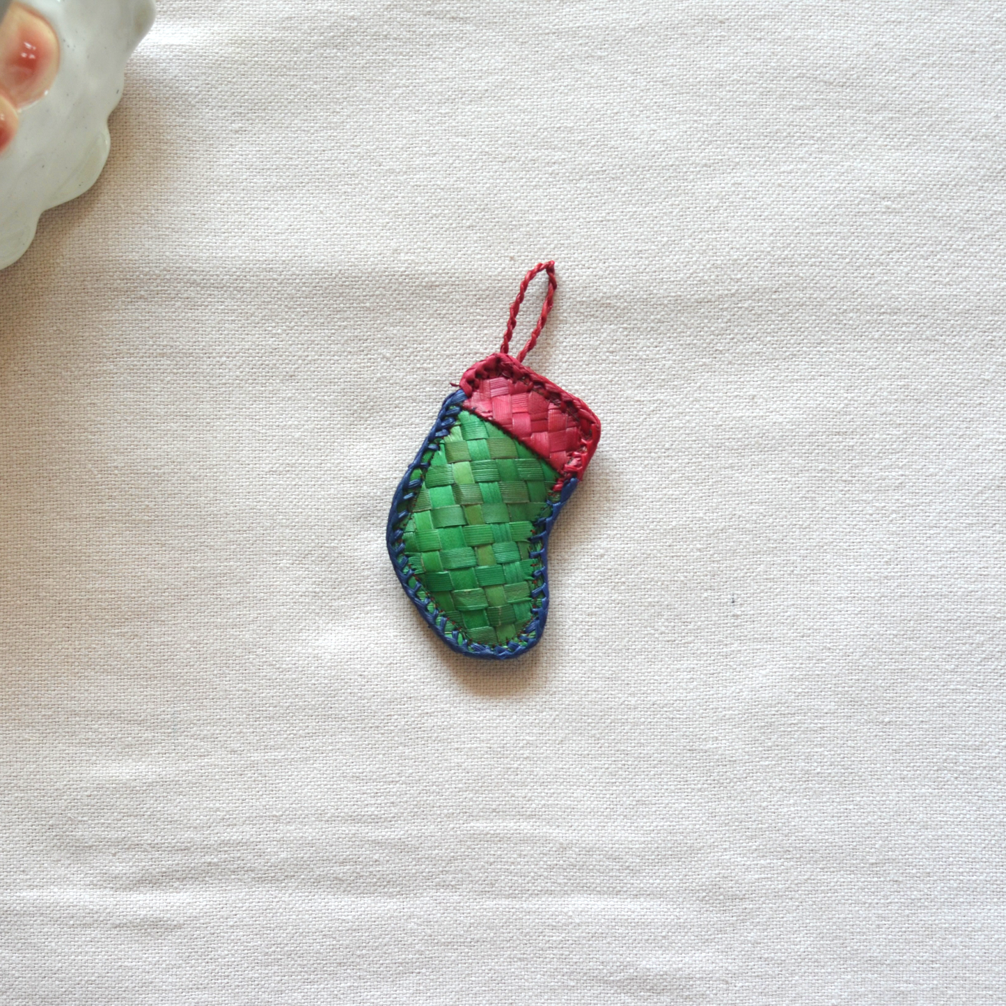 Mini Christmas Stocking Ornament – Green & Red with Blue Edge